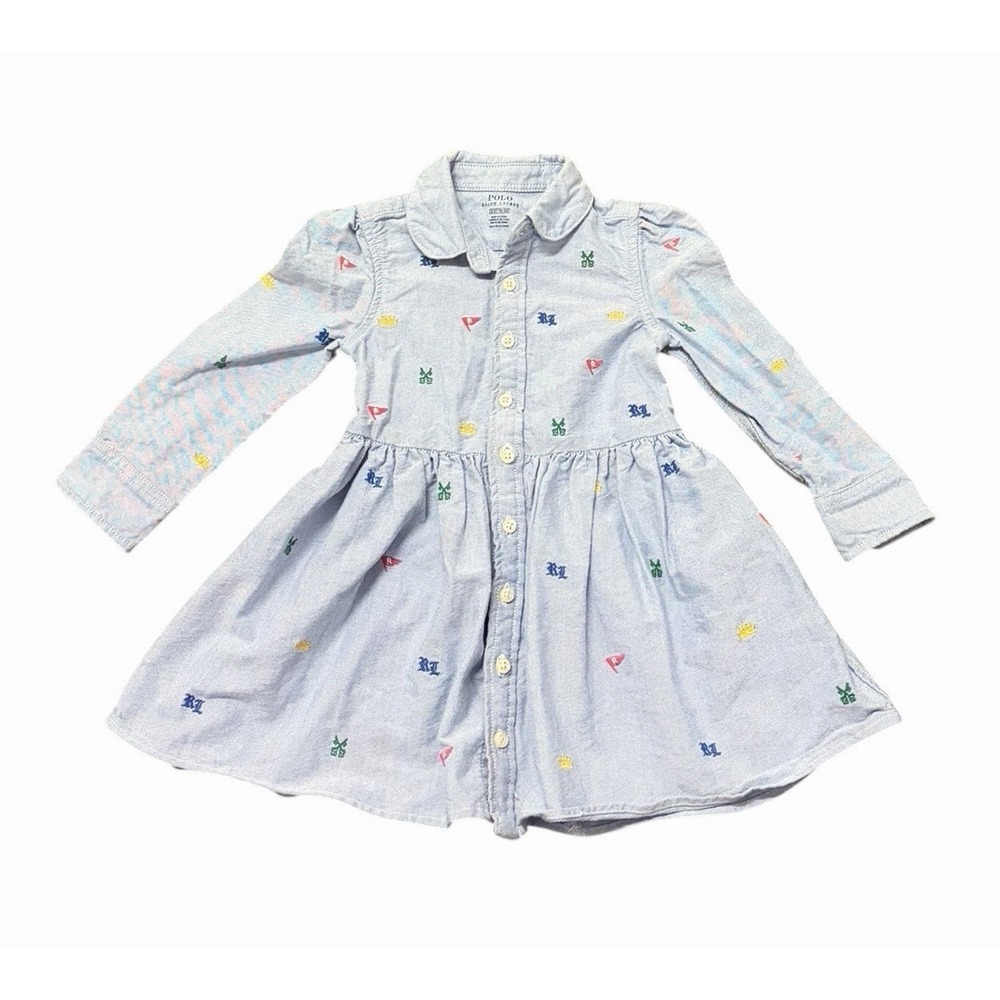 Polo Ralph Lauren Dress Girls Size 2T Blue Chambray Long Sleeve Repeat Pony Logo